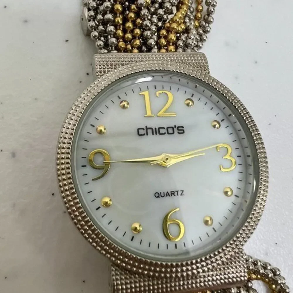 Chicos‎ Watch Chain Multi Strand Mixed Metal Gold Silver Tone Big Face White
